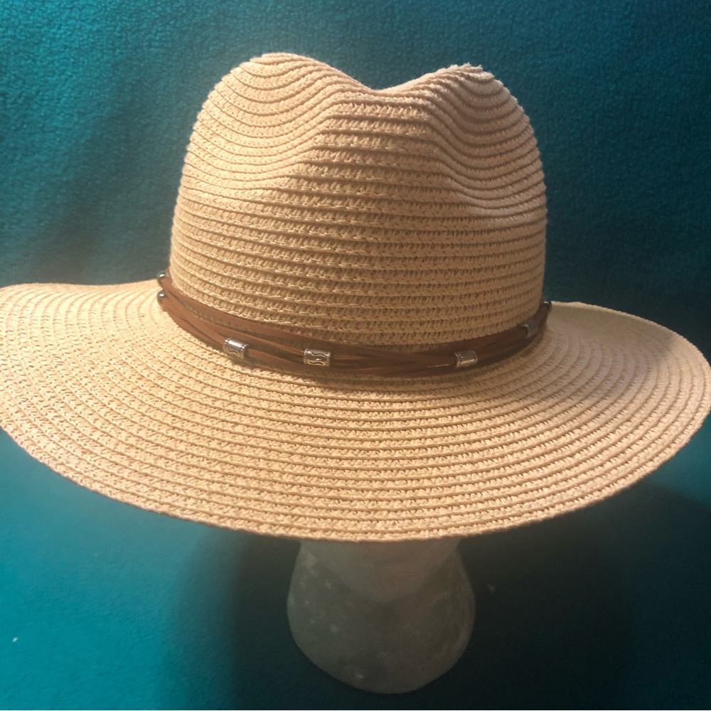 Ale-Hop Straw Fedora w Leather Band with Silver Bands